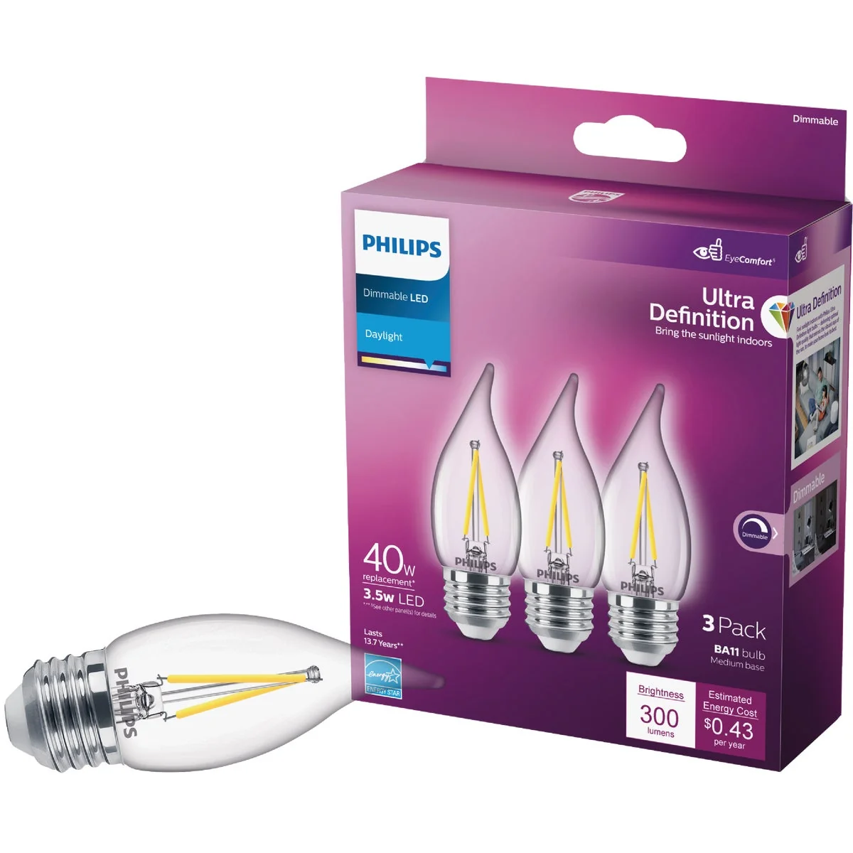 Elegant Philips Ultra Definition 40W Equivalent Daylight BA11 Medium LED Decorative Light Bulb 3-Pack Green