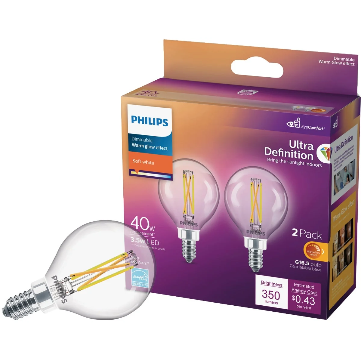 Expertly Made Philips Ultra Definition 40W Equivalent Soft White G16.5 Candelabra LED Decorative Light Bulb 2-Pack Official