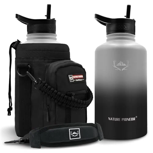 Carefully Designed 64 oz Insulated Water Bottle with Carrier Bag 3 Lids Professional