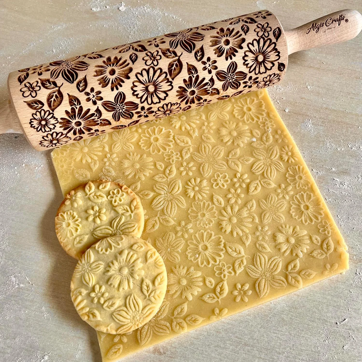 Original FLOWER MIX Embossing Rolling Pin with Flowers Pattern. Dough and Clay Roller for Embossed Cookies and Pottery. Cookie and Ceramic Stamp. Backing Gifts for Women by Algis Crafts Casual