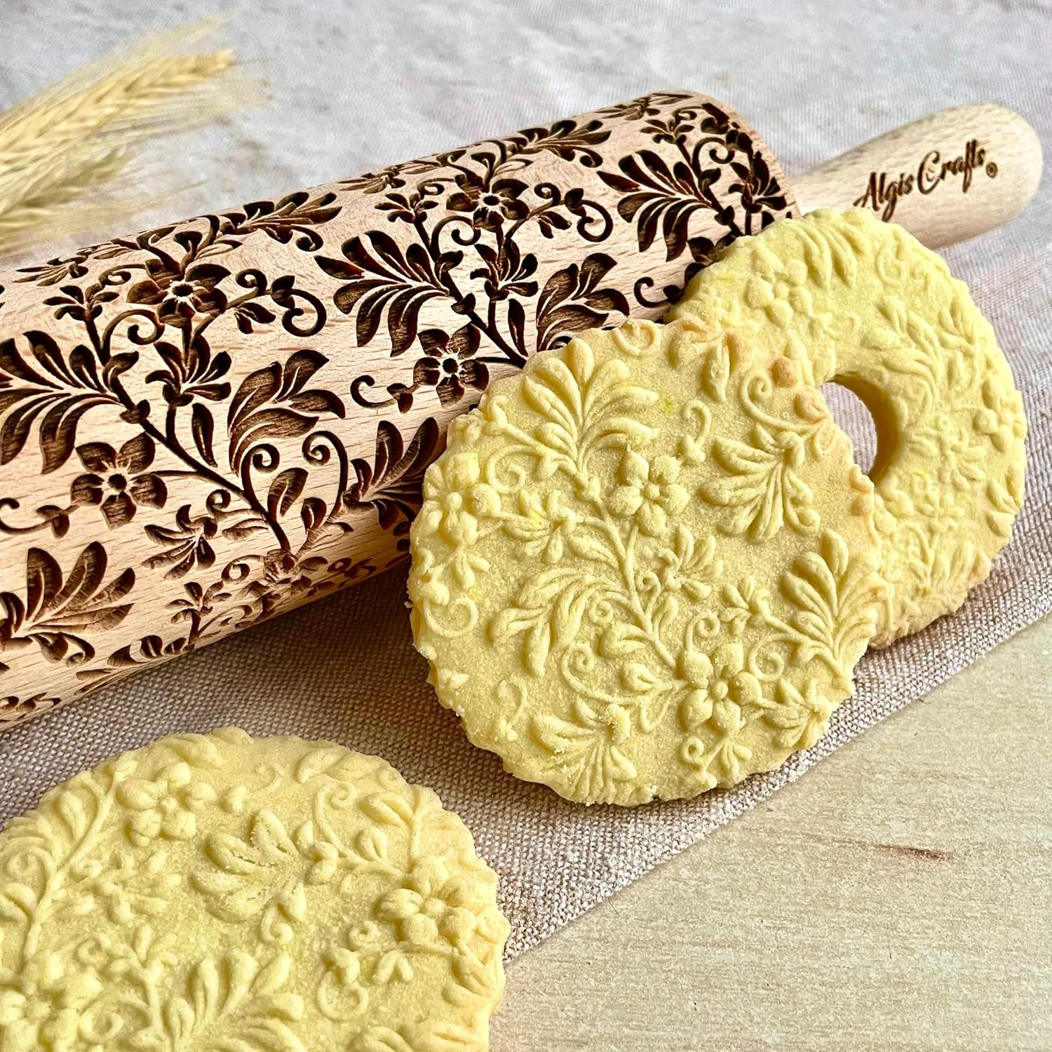 Detailed FLORAL WREATH Embossing Rolling Pin with Flowers Pattern. Dough and Clay Roller for Embossed Cookies and Pottery. Cookie and Ceramic Stamp. Backing Gifts for Women by Algis Crafts High-Grade