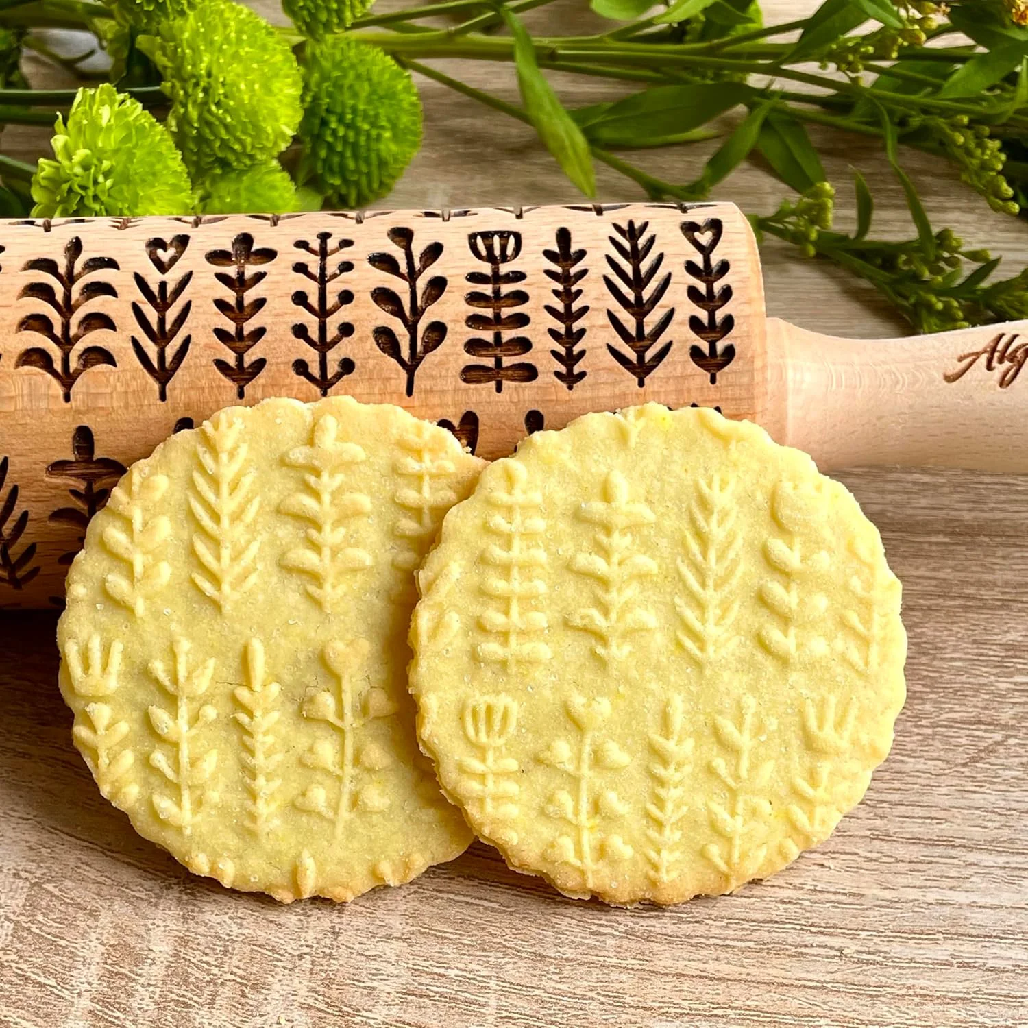 Powerful HERBS Embossing rolling pin. Leafy green and flowering plants on embossed dough roller Responsible