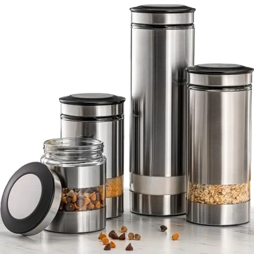 Excellent Airtight Glass Canister Set of 4 with Stainless Steel Sleeve for Kitchen Counter 4 Count Trusted