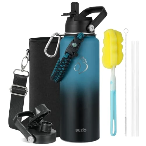 Recyclable 40 oz Insulated Water Bottle with Paracord Handle Straw Spout Lids Lightweight