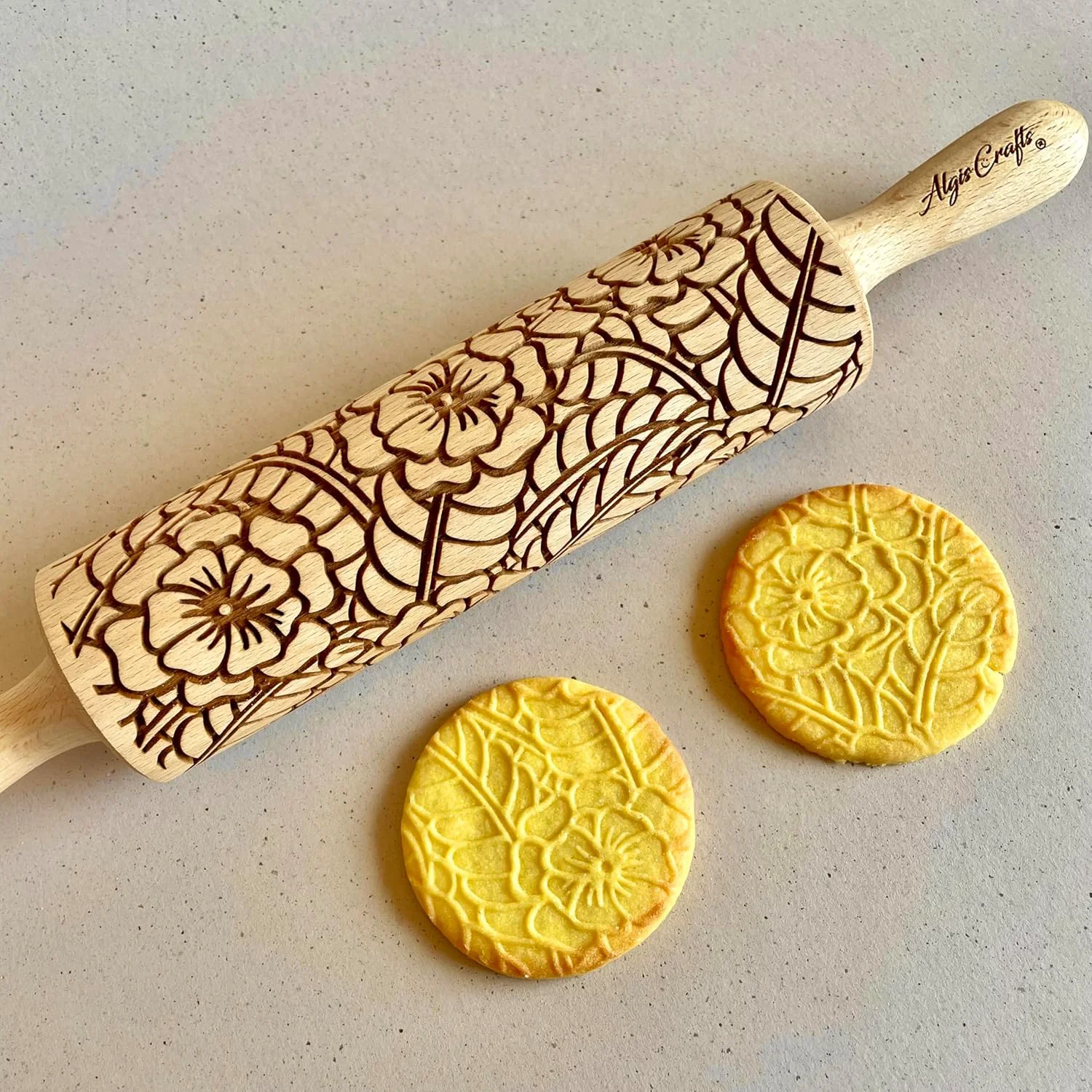 Specialty DOILY Embossing Rolling Pin with Flowers Pattern. Dough and Clay Roller for Embossed Cookies and Pottery. Cookie and Ceramic Stamp. Backing Gifts for Women by Algis Crafts Certified