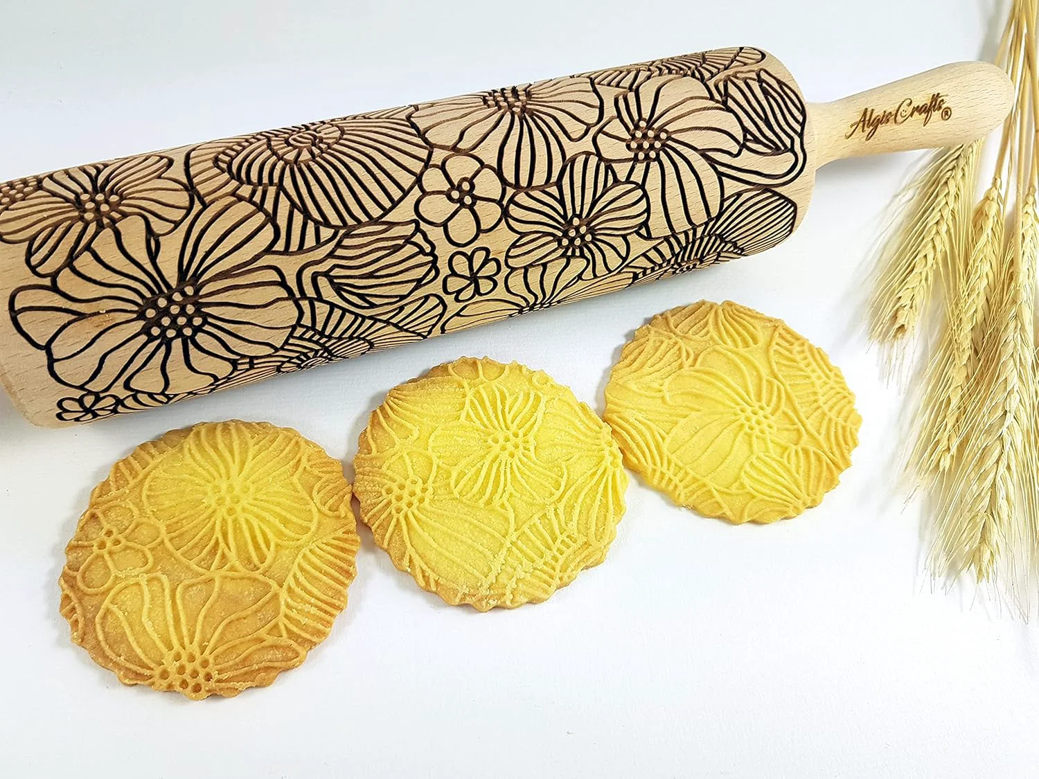 Luxury POPPY Embossing Rolling Pin with Wildflower Corn Poppies Pattern. Dough roller for embossed cookies and Pottery by Algis Crafts First-Class