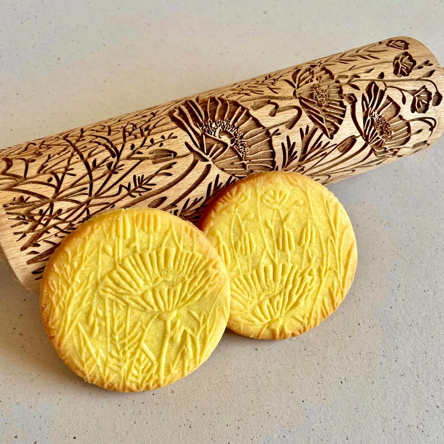 Lightweight WILD POPPY Embossing Rolling Pin with Flowers Pattern. Dough and Clay Roller for Embossed Cookies and Pottery. Cookie and Ceramic Stamp. Backing Gifts for Women by Algis Crafts Certified