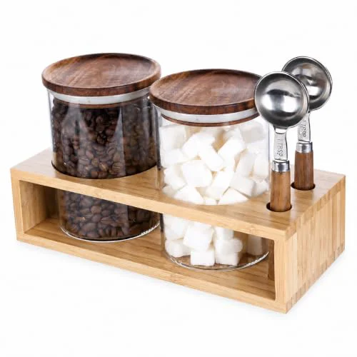 Selected 2 Glass Coffee Canister Set with Bamboo Rack Scoops 5 Count Expertly Made