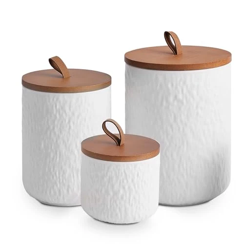 Quality White Stone Ceramic Canister with Bamboo Lid 3 Count Original Design
