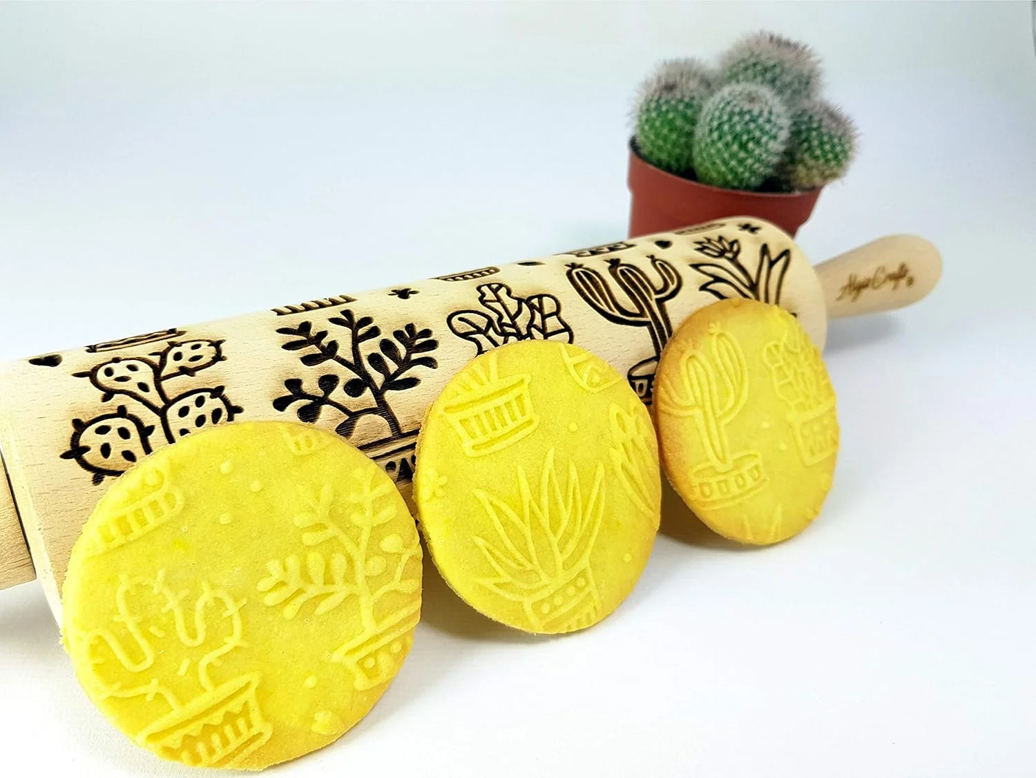 Reusable CACTUS Embossing Rolling Pin Embossed dough roller by Algis Crafts Sustainable