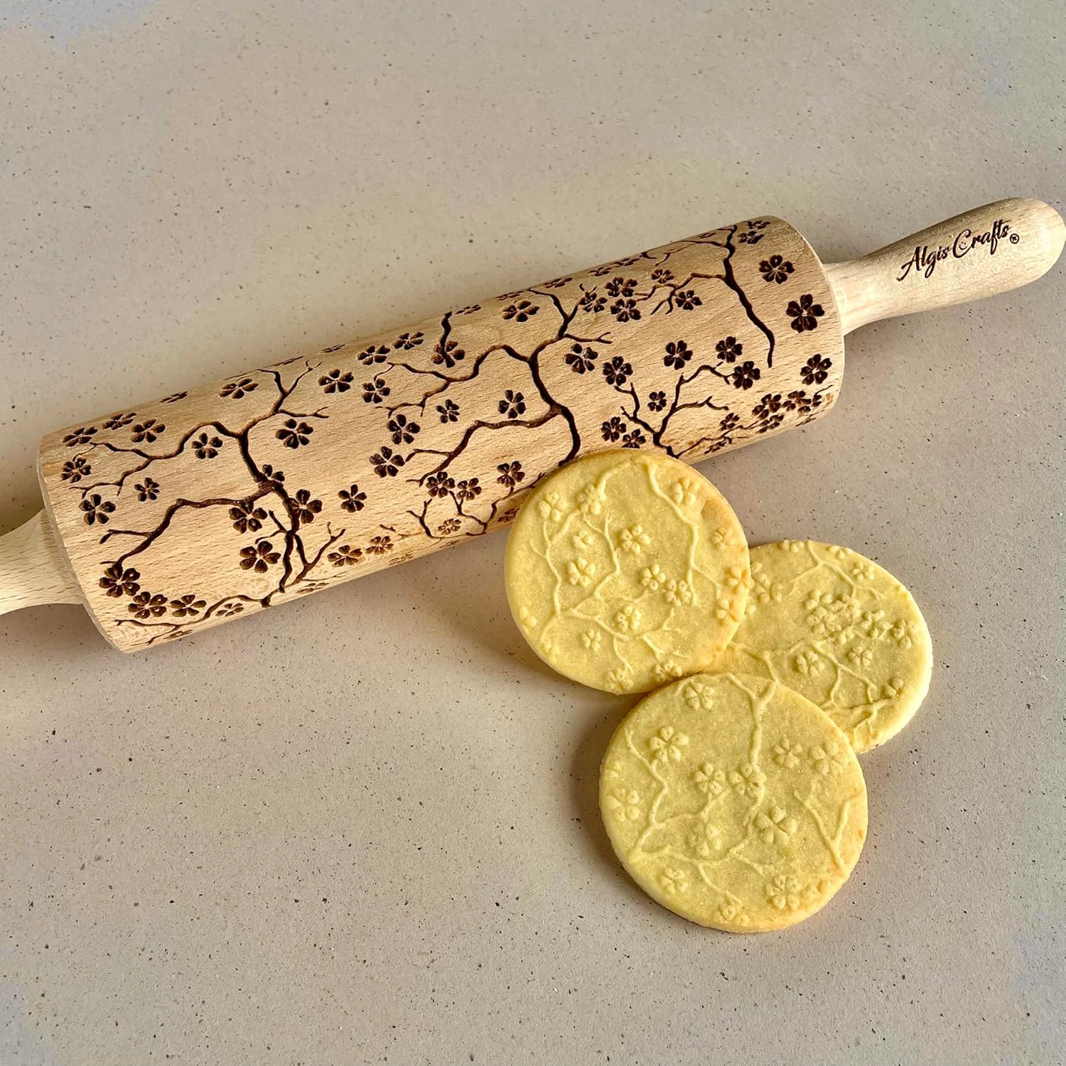 Durable SAKURA TREE Embossing Rolling Pin with Blooming Sakura Flowers Pattern. Dough and Clay Roller for Embossed Cookies Fondant Pottery. Cookie and Ceramic Stamp. Backing Gifts for Women by Algis Crafts High-End