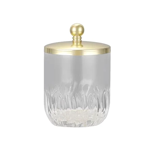 Exclusive Clear Transparent Apothecary Vertical Wavy Glass Jar With Gold Metal Lid Cover for Bathroom Organization Artisan