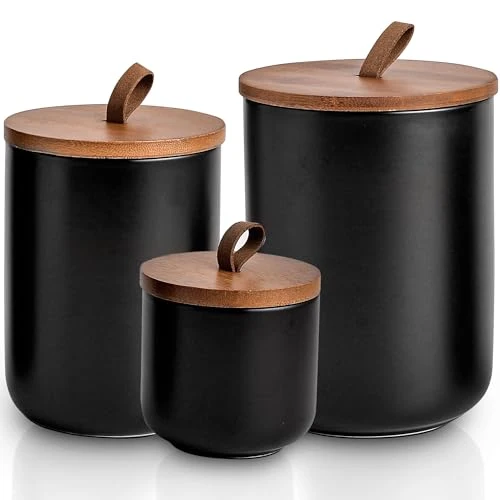 Traditional Black Ceramic Canister Set with Bamboo Lids High-End