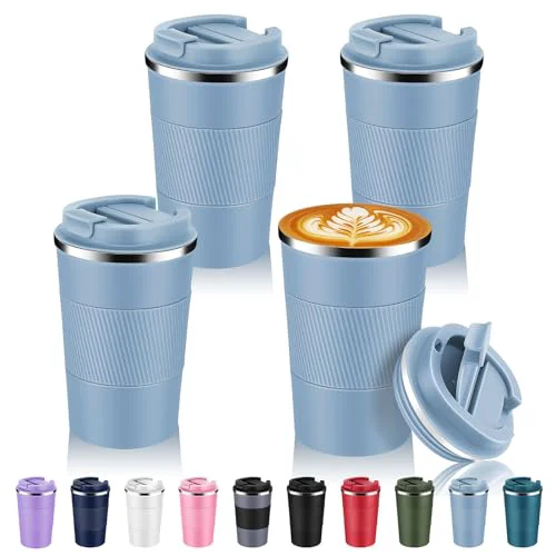 Recyclable 13 oz Stainless Steel Insulated Travel Coffee Mug with Fip Lid Bulk 4 Pack 4 Count World-Class