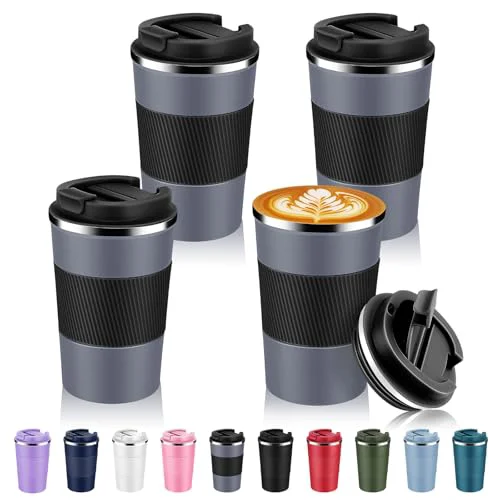 Durable 13 oz Stainless Steel Insulated Travel Coffee Mug with Fip Lid Bulk 4 Pack 4 Count Solid