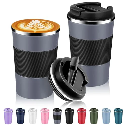 Natural 13 oz Stainless Steel Insulated Travel Coffee Mug with Fip Lid Bulk 2 Pack Sophisticated