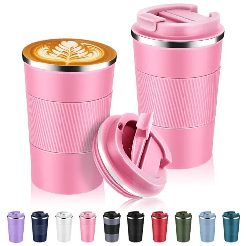 Reusable 13 oz Stainless Steel Insulated Travel Coffee Mug with Fip Lid Bulk 2 Pack 2 Count Certified