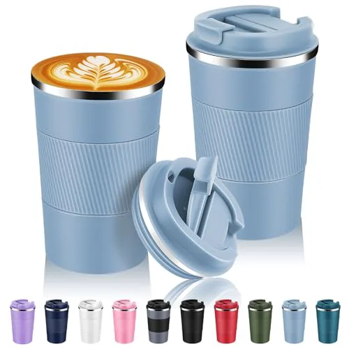 Effective 13 oz Stainless Steel Insulated Travel Coffee Mug with Fip Lid Bulk 2 Pack 2 Count Pure