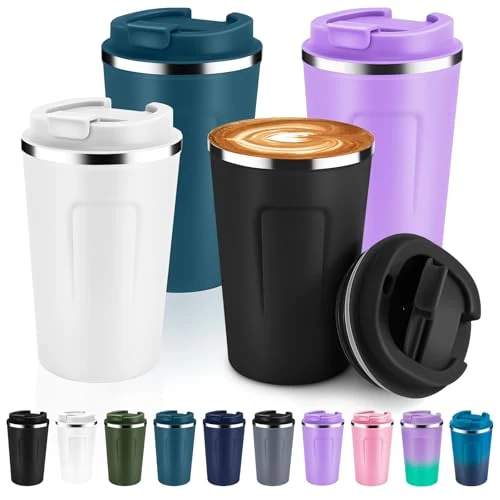 Innovative 12 oz Double Wall Insulated Vacuum Travel Coffee Mug with Flip Lid Bulk 4 Pack 4 Count Superior