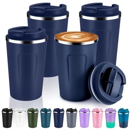 Flexible 12 oz Double Wall Insulated Vacuum Travel Coffee Mug with Flip Lid Bulk 4 Pack 4 Count Practical