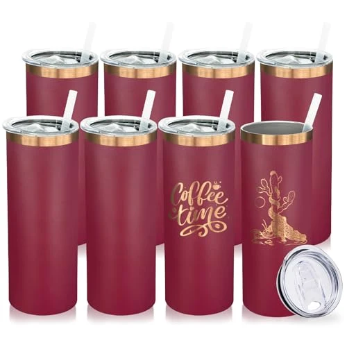 Dependable 20 oz Skinny Tumblers Bulk with Lids and Straws Red 8 Count Sustainable