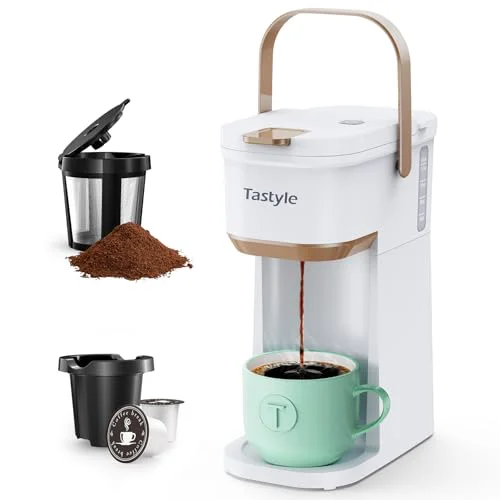 Clean Mini Single Serve Coffee Maker for K Cups and Grounds with Handle Artisan