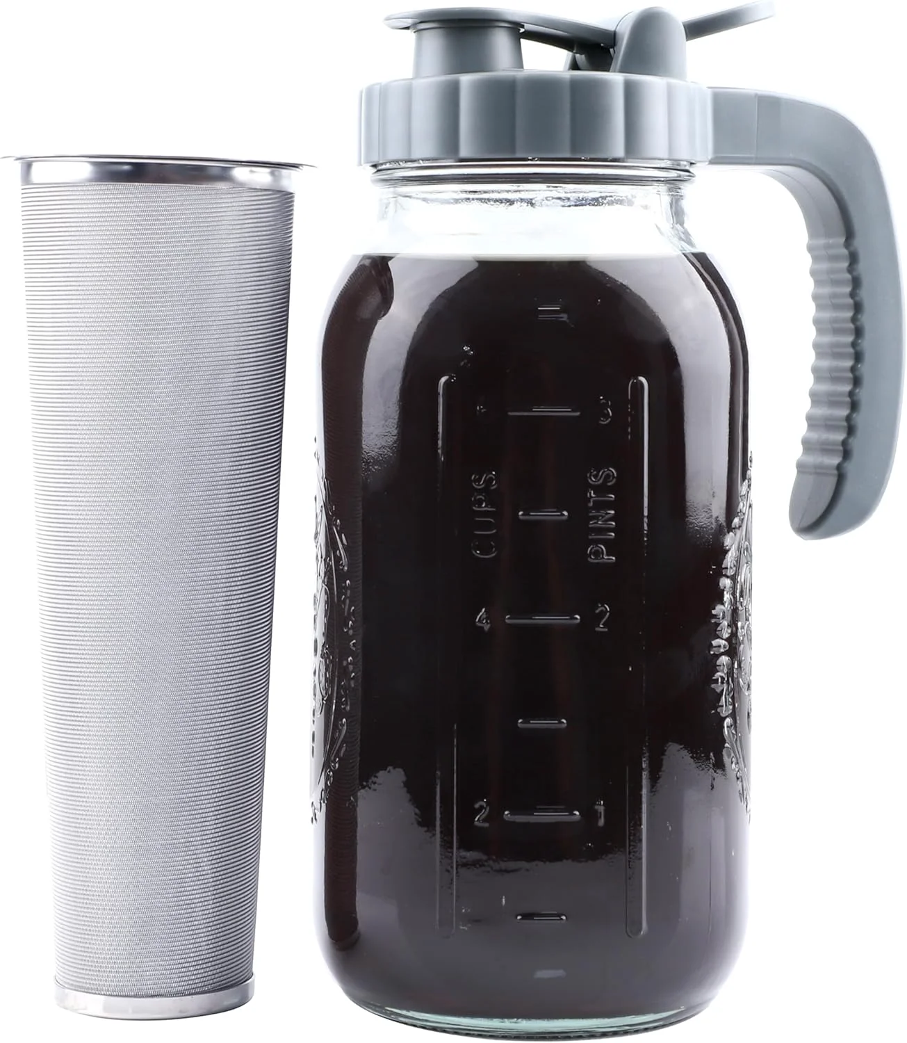 Proven Cold Brew Coffee Maker 64 OZ Mason Jar Cold Brew Pitcher With Infuser 2 Quart Wide Mouth Iced Coffee Maker With Pour Spout Lid And Handle Half Gallon Airtight Leakproof Pitcher For Fridge Specialty
