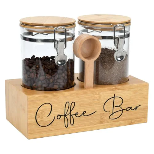 Comfortable Glass Coffee Canister Set with Bamboo Shelf Spoon Solid