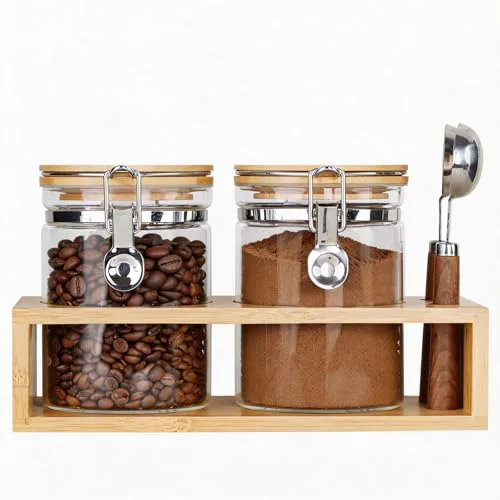 Sophisticated KKC Airtight Coffee Canister Set of 2 with Scoops Bamboo Lids 5 Count Elite
