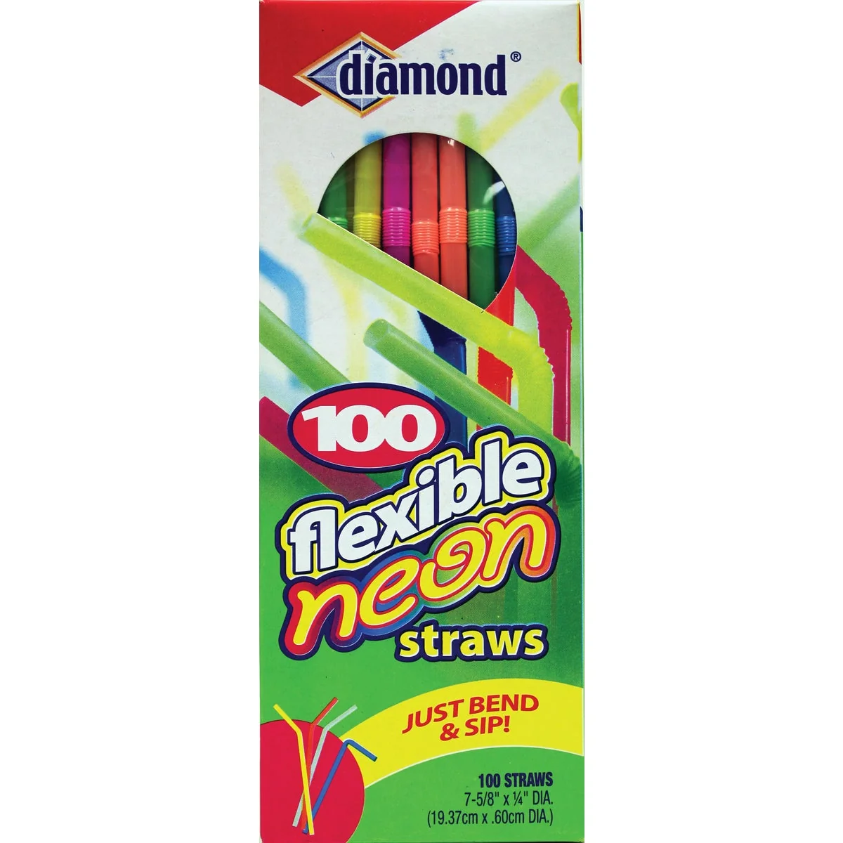 Trendy Diamond Flexible Neon Straw 100-Count Genuine