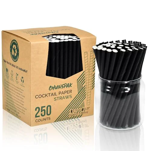 Relaxed 5.75 inch 8mm Wide Short Black Paper Drinking Straws Disposable for Lowball Glasses 250 Count Original Design