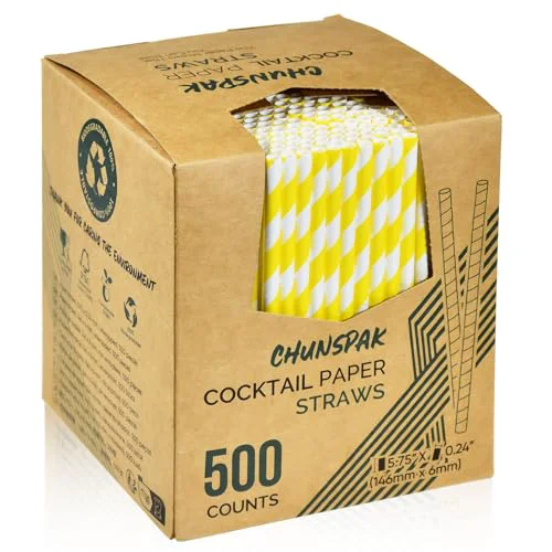High-Grade 5.75 inch Short Yellow Paper Drinking Straws for Cocktail 500 Count Unique
