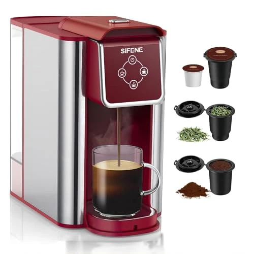 Genuine 3-in-1 Single Serve Coffee Maker Quick Brew for Coffee Pods Ground Coffee Loose Tea 6-12oz Cup Sizes 50oz Removable Water Tank 1150W Compact Efficient Red Elegant