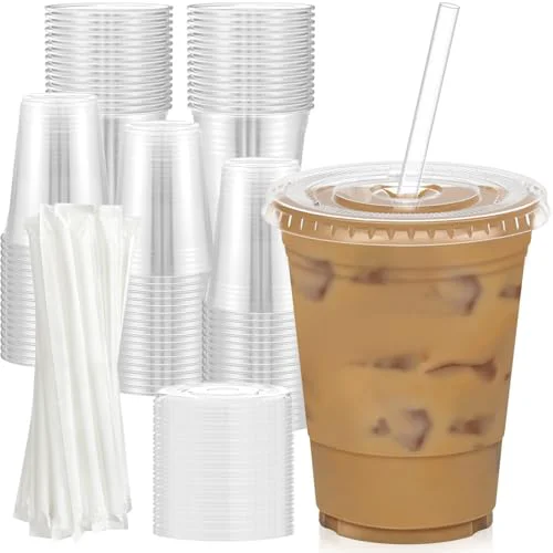 Recyclable 100 Pack 16 oz Clear Plastic Cups with Lids and Straws 100 Count Organic