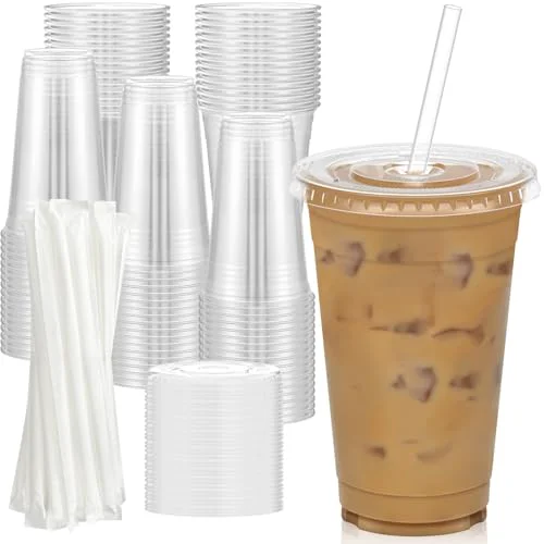Environmentally Friendly 100 Pack 20 oz Clear Plastic Cups with Lids and Straws 100 Count Trendy