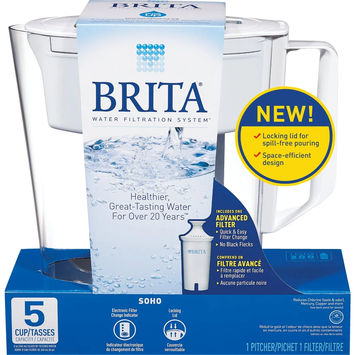 Reusable Brita Soho 5-Cup Water Filter Pitcher White Stylish