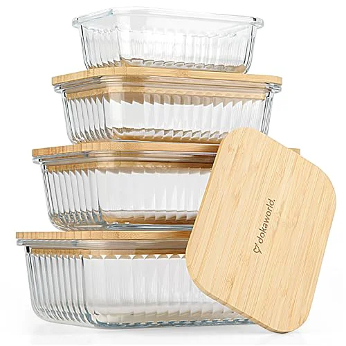 Fine Ribbed Glass 4 Stackable Meal Prep Containers with Bamboo Lids Breathable