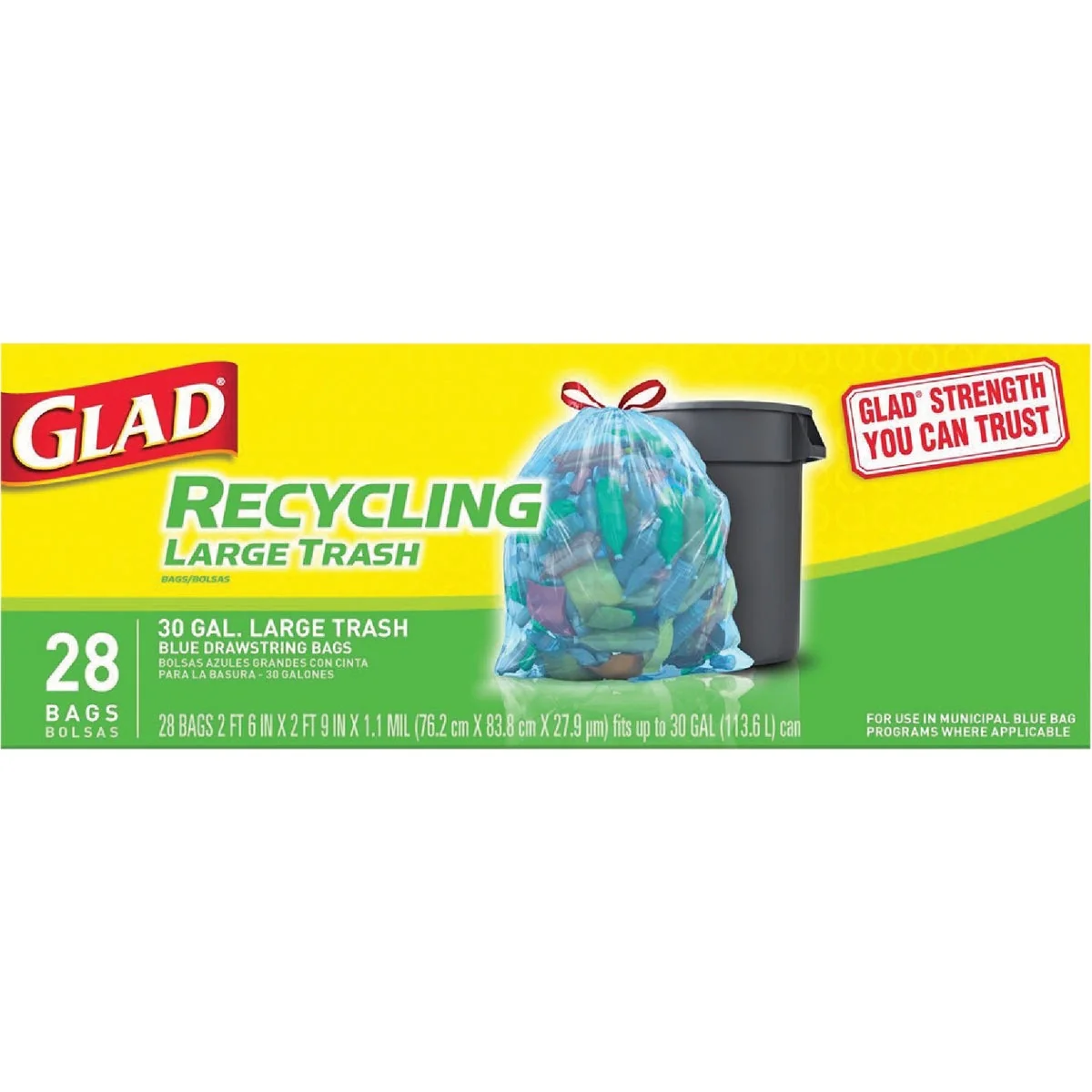 Reusable Glad Recycling 30 Gal. Large Blue Trash Bag 28-Count Powerful