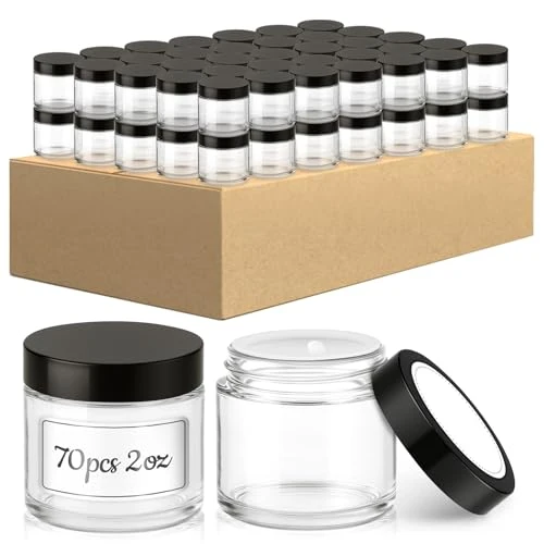 Advanced 2 OZ Glass Jars with Black Lids 70 Count Exclusive
