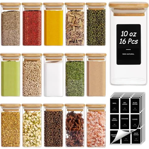Traditional Square Glass Spice Jars with Labels 10 oz 16 Pack with Bamboo Lids 16 Count Premium