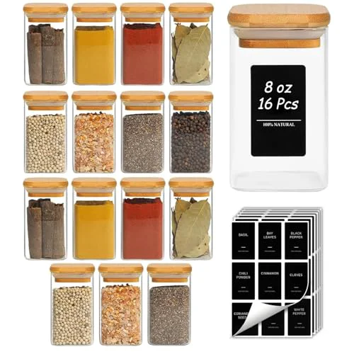 Premium Material Square Glass Spice Jars with Labels 8 oz 16 Pack with Bamboo Lids 16 Count Effective