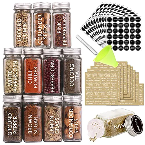 Traditional 36 Pcs 4 oz Glass Spice Jars with Shaker Lids and 703 Spice Labels Enhanced