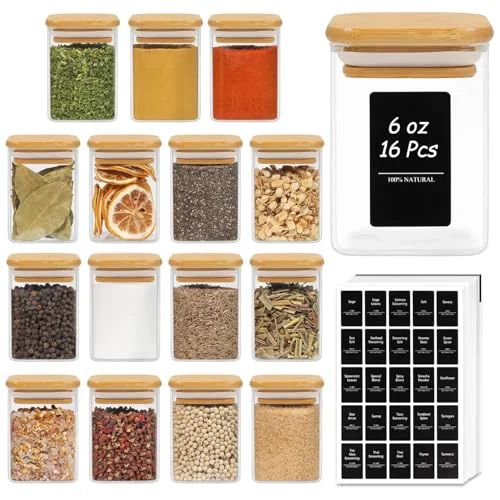 Excellent Square Glass Spice Jars with Labels 6 oz 16 Pack with Bamboo Lids 16 Count Quality