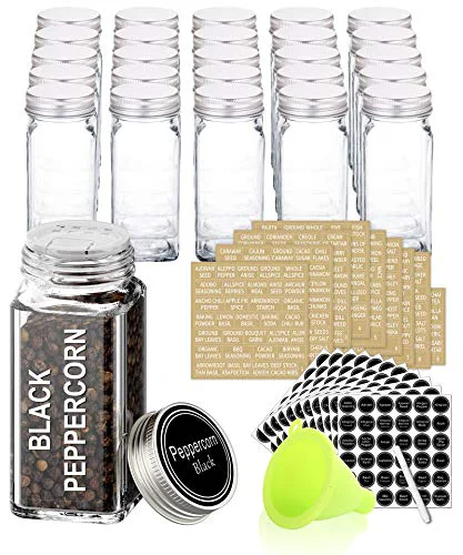 Durable 25 Pcs 4 oz Glass Spice Jars with 703 Spice Labels and Shaker Lids 25 Count Reusable