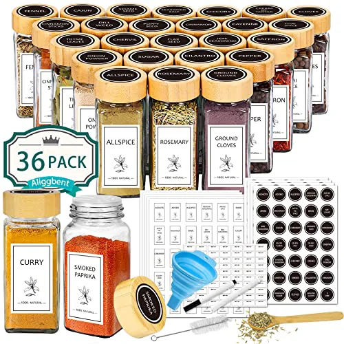 Authentic Spice Jars with Labels 36 Pcs 4 oz Glass Bamboo Lids Shaker Set 36 Count Original Design