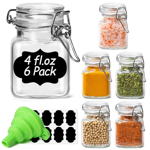 Secure Square Glass Spice Jars 4 oz 6 Pack with Labels and Funnel Set 6 Count User-Friendly