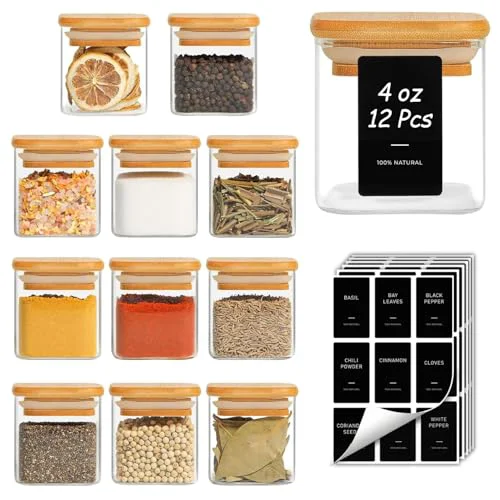 Traditional Glass Spice Jars with Labels 4 oz 12 Pack Small Square Bamboo Lids 12 Count Natural