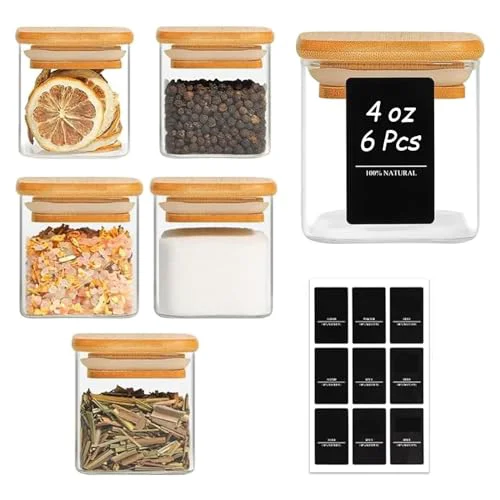 Long-Lasting Square Glass Spice Jars with Labels 4 oz 6 Pack with Bamboo Lids 6 Count Comfortable