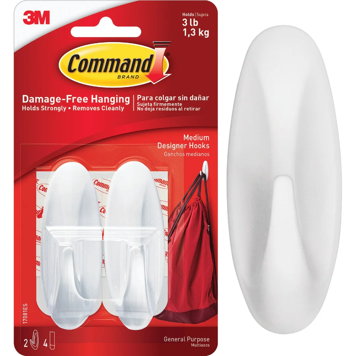 Solid 3M Command Medium Utility Designer Adhesive Hook 2-Pack Safe