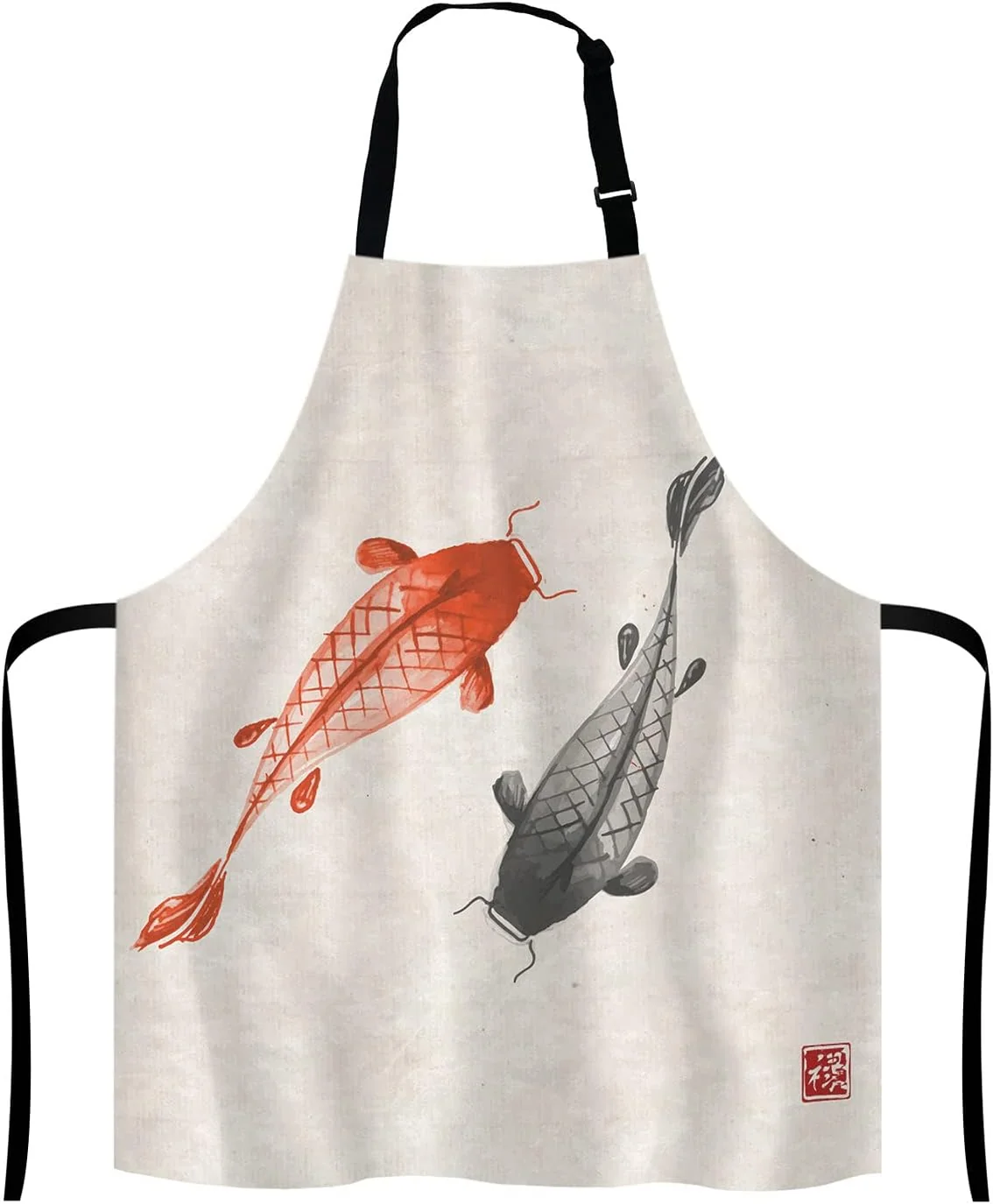 Safe Red and black hand drawn with ink in traditional Japanese Adjustable Bib Apron Kitchen Cooking Baking Gardening Apron for Women Men Crafted